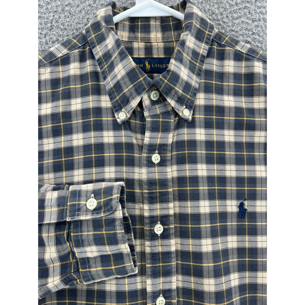 Polo Ralph Lauren‎ Shirt Mens Large Plaid Button Down Navy Tan Yellow Pony